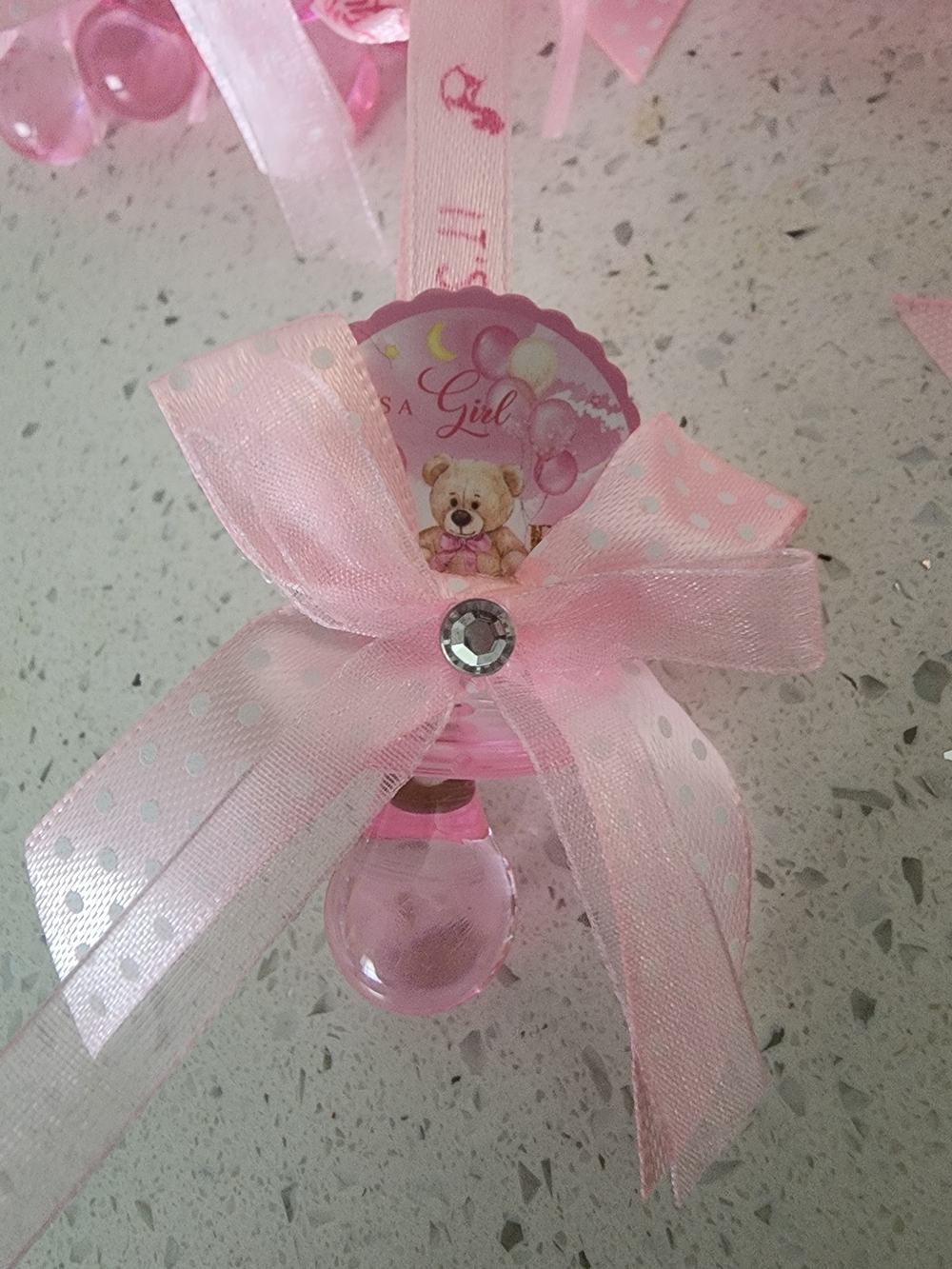 18 Pink Baby Girl Pacifiers Necklaces with Ribbon Bow Babyshower Game